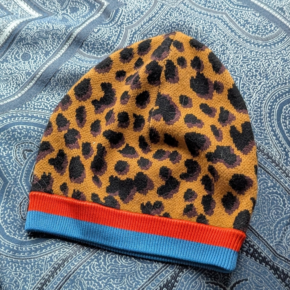 Madewell X KULE Leopard Print Beanie with Red and Blue Accents